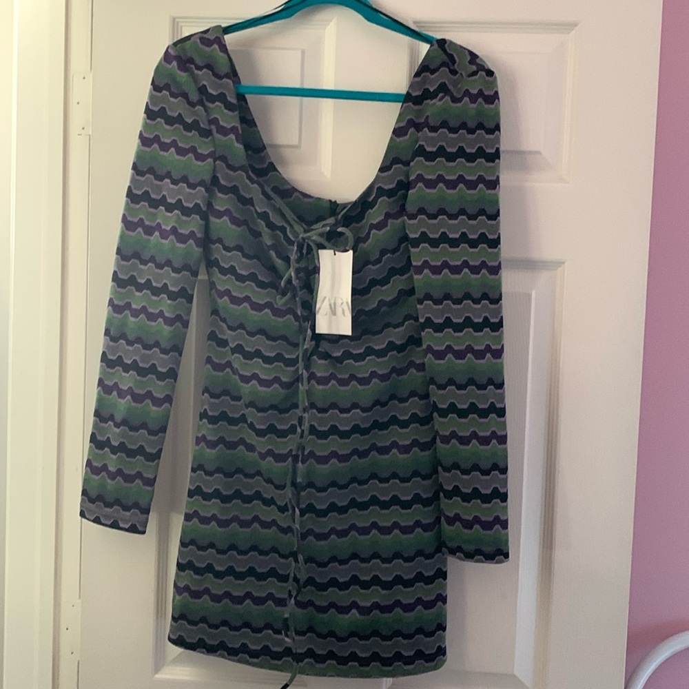ZARA NWT Purple & Green Metallic Geo Stripe Lace Up Bust Long Sleeve Mini Dress